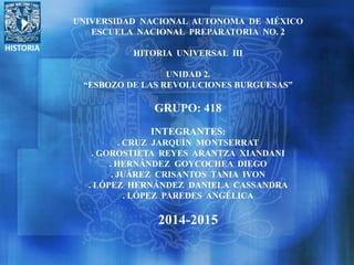 HISTORIA
UNIVERSIDAD NACIONAL AUTONOMA DE MÉXICO
ESCUELA NACIONAL PREPARATORIA NO. 2
HITORIA UNIVERSAL III
UNIDAD 2.
“ESBOZO DE LAS REVOLUCIONES BURGUESAS”
GRUPO: 418
INTEGRANTES:
. CRUZ JARQUÍN MONTSERRAT
. GOROSTIETA REYES ARANTZA XIANDANI
. HERNÁNDEZ GOYCOCHEA DIEGO
. JUÁREZ CRISANTOS TANIA IVON
. LÓPEZ HERNÁNDEZ DANIELA CASSANDRA
. LÓPEZ PAREDES ANGÉLICA
2014-2015
 