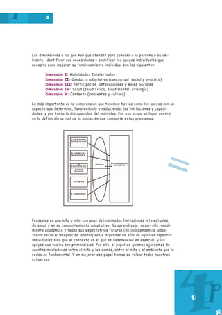 2
Las dimensiones a las que hay que atender para conocer a la persona y su am-
biente, identificar sus necesidades y planificar los apoyos individuales que
necesita para mejorar su funcionamiento individual son las siguientes:
Dimensión I: Habilidades Intelectuales
Dimensión II: Conducta adaptativa (conceptual, social y práctica)
Dimensión III: Participación, Interacciones y Roles Sociales
Dimensión IV: Salud (salud física, salud mental, etiología)
Dimensión V: Contexto (ambientes y cultura)
Lo más importante es la comprensión que tenemos hoy de como los apoyos son un
aspecto que determina, favoreciendo o reduciendo, las limitaciones y capaci-
dades, y por tanto la discapacidad del individuo. Por eso ocupa un lugar central
en la definición actual de la población que comparte estos problemas:
Pensemos en una niña o niño con unas determinadas limitaciones intelectuales,
de salud y en su comportamiento adaptativo. Su aprendizaje, desarrollo, rendi-
miento académico y todas sus expectativas futuras (de independencia, adap-
tación social e integración laboral) van a depender no sólo de aquellos aspectos
individuales sino que el contexto en el que se desenvuelve es esencial, y los
apoyos que reciba son primordiales. Por ello, el papel de quienes ejercemos de
agentes mediadores entre el niño y los demás, entre el niño y el ambiente que le
rodea es fundamental. Y en mejorar ese papel hemos de volcar todos nuestros
esfuerzos.
=
 