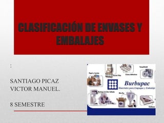 CLASIFICACIÓN DE ENVASES Y
EMBALAJES
:
SANTIAGO PICAZ
VICTOR MANUEL.
8 SEMESTRE
 