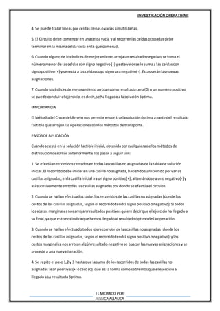 INVESTIGACIÓN OPERATIVAII
ELABORADOPOR:
JESSICA ALLAUCA
4. Se puede trazarlíneaspor celdasllenasovacías sinutilizarlas.
5. El Circuitodebe comenzarenunaceldavacía y al recorrer lasceldasocupadasdebe
terminarenla mismaceldavacía enla que comenzó.
6. Cuandoalgunode losíndicesde mejoramientoarrojaunresultadonegativo,se tomael
númeromenorde lasceldascon signonegativo(-) yeste valorse le sumaa las celdascon
signopositivo(+) yse resta a lasceldascuyo signoseanegativo(-).Estasseránlasnuevas
asignaciones.
7. Cuandolos índicesde mejoramientoarrojancomoresultadocero(0) o un numeropositivo
se puede concluirel ejercicio,esdecir,se hallegadoalasoluciónóptima.
IMPORTANCIA
El Métododel Cruce del Arroyonos permite encontrarlasoluciónóptimaapartirdel resultado
factible que arrojanlasoperacionesconlosmétodosde transporte.
PASOSDE APLICACIÓN
Cuandose está enla soluciónfactibleinicial,obtenidaporcualquierade losmétodosde
distribucióndescritosanteriormente,lospasosaseguirson:
1. Se efectúanrecorridoscerradosentodaslascasillasnoasignadasde latabla de solución
inicial.El recorridodebe iniciarenunacasillanoasignada,haciendosurecorridoporvarias
casillasasignadas;enlacasillainicial iraunsignopositivo(+),alternándose aunonegativo(-) y
así sucesivamenteentodaslascasillasasignadaspordonde se efectúael circuito.
2. Cuandose hallanefectuadostodoslosrecorridosde lascasillasnoasignadas(donde los
costosde las casillasasignadas,segúnel recorridotendrásignopositivoonegativo).Si todos
loscostos marginalesnosarrojanresultadospositivosquiere decirque el ejerciciohallegadoa
su final,yaque estonosindicaque hemosllegadoal resultadoóptimode laoperación.
3. Cuandose hallanefectuadotodoslosrecorridosde lascasillasnoasignadas(donde los
costosde lascasillasasignadas,segúnel recorridotendrásignopositivoonegativo).ylos
costosmarginalesnosarrojanalgúnresultadonegativose buscanlasnuevasasignacionesyse
procede a una nuevaiteración.
4. Se repite el paso1,2 y 3 hasta que lasuma de losrecorridosde todas lascasillasno
asignadasseanpositivas(+) ocero(0),que esla formacomo sabremosque el ejercicioa
llegadoasu resultadoóptimo.
 