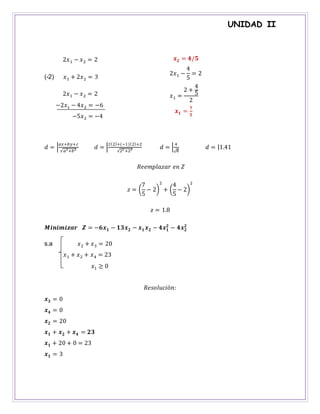 UNIDAD II
2𝑥1 − 𝑥2 = 2
(-2) 𝑥1 + 2𝑥2 = 3
2𝑥1 − 𝑥2 = 2
−2𝑥1 − 4𝑥2 = −6
−5𝑥2 = −4
𝒙 𝟐 = 𝟒/𝟓
2𝑥1 −
4
5
= 2
𝑥1 =
2 +
4
5
2
𝒙 𝟏 =
𝟕
𝟓
𝑑 = |
𝑎𝑥+𝑏𝑦+𝑐
√𝑎2+𝑏2 𝑑 = |
2(2)+(−1)(2)+2
√22 +22 𝑑 = |
4
√8
𝑑 = |1.41
𝑅𝑒𝑒𝑚𝑝𝑙𝑎𝑧𝑎𝑟 𝑒𝑛 𝑍
𝑧 = (
7
5
− 2)
2
+ (
4
5
− 2)
2
𝑧 = 1.8
𝑴𝒊𝒏𝒊𝒎𝒊𝒛𝒂𝒓 𝒁 = −𝟔𝒙 𝟏 − 𝟏𝟑𝒙 𝟐 − 𝒙 𝟏 𝒙 𝟐 − 𝟒𝒙 𝟏
𝟐
− 𝟒𝒙 𝟐
𝟐
s.a 𝑥2 + 𝑥3 = 20
𝑥1 + 𝑥2 + 𝑥4 = 23
𝑥1 ≥ 0
𝑅𝑒𝑠𝑜𝑙𝑢𝑐𝑖ó𝑛:
𝒙 𝟑 = 0
𝒙 𝟒 = 0
𝒙 𝟐 = 20
𝒙 𝟏 + 𝒙 𝟐 + 𝒙 𝟒 = 𝟐𝟑
𝒙 𝟏 + 20 + 0 = 23
𝒙 𝟏 = 3
 