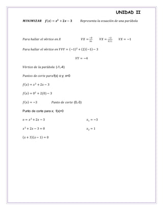 UNIDAD II
𝑴𝑰𝑵𝑰𝑴𝑰𝒁𝑨𝑹 𝒇( 𝒙) = 𝒙 𝟐
+ 𝟐𝒙 − 𝟑 𝑅𝑒𝑝𝑟𝑒𝑠𝑒𝑛𝑡𝑎 𝑙𝑎 𝑒𝑐𝑢𝑎𝑐𝑖ó𝑛 𝑑𝑒 𝑢𝑛𝑎 𝑝𝑎𝑟á𝑏𝑜𝑙𝑎
𝑃𝑎𝑟𝑎 ℎ𝑎𝑙𝑙𝑎𝑟 𝑒𝑙 𝑣é𝑟𝑡𝑖𝑐𝑒 𝑒𝑛 𝑋 𝑉𝑋 =
−𝑏
2𝑎
𝑉𝑋 =
−2
2(1)
𝑉𝑋 = −1
𝑃𝑎𝑟𝑎 ℎ𝑎𝑙𝑙𝑎𝑟 𝑒𝑙 𝑣é𝑟𝑡𝑖𝑐𝑒 𝑒𝑛 𝑌 𝑉𝑌 = (−1)2
+ (2)(−1)− 3
𝑉𝑌 = −4
𝑉é𝑟𝑡𝑖𝑐𝑒 𝑑𝑒 𝑙𝑎 𝑝𝑎𝑟á𝑏𝑜𝑙𝑎 (-1,-4)
𝑃𝑢𝑛𝑡𝑜𝑠 𝑑𝑒 𝑐𝑜𝑟𝑡𝑒 𝑝𝑎𝑟𝑎f(x) o y; x=0
𝑓( 𝑥) = 𝑥2
+ 2𝑥 − 3
𝑓( 𝑥) = 02
+ 2(0) − 3
𝑓( 𝑥) = −3 𝑃𝑢𝑛𝑡𝑜 𝑑𝑒 𝑐𝑜𝑟𝑡𝑒 (0,-3)
Punto de corte para x; f(x)=0
𝑜 = 𝑥2
+ 2𝑥 − 3
𝑥2
+ 2𝑥 − 3 = 0
( 𝑥 + 3)( 𝑥 − 1) = 0
𝑥1 = −3
𝑥2 = 1
 