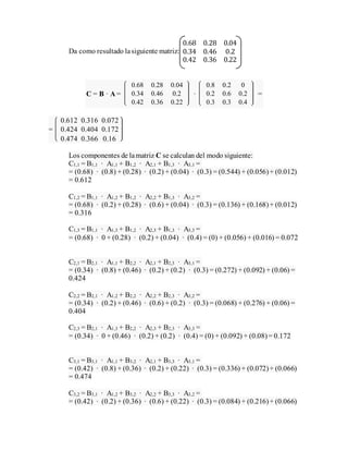 Da como resultado lasiguiente matriz:
0.68 0.28 0.04
0.34 0.46 0.2
0.42 0.36 0.22
C = B · A =
0.68 0.28 0.04
0.34 0.46 0.2
0.42 0.36 0.22
·
0.8 0.2 0
0.2 0.6 0.2
0.3 0.3 0.4
=
=
0.612 0.316 0.072
0.424 0.404 0.172
0.474 0.366 0.16
Los componentes de lamatriz C se calculan del modo siguiente:
C1,1 = B1,1 · A1,1 + B1,2 · A2,1 + B1,3 · A3,1 =
= (0.68) · (0.8) + (0.28) · (0.2) + (0.04) · (0.3) = (0.544) + (0.056)+ (0.012)
= 0.612
C1,2 = B1,1 · A1,2 + B1,2 · A2,2 + B1,3 · A3,2 =
= (0.68) · (0.2) + (0.28) · (0.6) + (0.04) · (0.3) = (0.136) + (0.168)+ (0.012)
= 0.316
C1,3 = B1,1 · A1,3 + B1,2 · A2,3 + B1,3 · A3,3 =
= (0.68) · 0 + (0.28) · (0.2) + (0.04) · (0.4) = (0) + (0.056) + (0.016) = 0.072
C2,1 = B2,1 · A1,1 + B2,2 · A2,1 + B2,3 · A3,1 =
= (0.34) · (0.8) + (0.46) · (0.2) + (0.2) · (0.3) = (0.272) + (0.092) + (0.06) =
0.424
C2,2 = B2,1 · A1,2 + B2,2 · A2,2 + B2,3 · A3,2 =
= (0.34) · (0.2) + (0.46) · (0.6) + (0.2) · (0.3) = (0.068) + (0.276) + (0.06) =
0.404
C2,3 = B2,1 · A1,3 + B2,2 · A2,3 + B2,3 · A3,3 =
= (0.34) · 0 + (0.46) · (0.2) + (0.2) · (0.4) = (0) + (0.092) + (0.08)= 0.172
C3,1 = B3,1 · A1,1 + B3,2 · A2,1 + B3,3 · A3,1 =
= (0.42) · (0.8) + (0.36) · (0.2) + (0.22) · (0.3) = (0.336) + (0.072)+ (0.066)
= 0.474
C3,2 = B3,1 · A1,2 + B3,2 · A2,2 + B3,3 · A3,2 =
= (0.42) · (0.2) + (0.36) · (0.6) + (0.22) · (0.3) = (0.084) + (0.216)+ (0.066)
 
