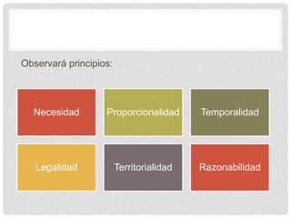 Observará principios:
Necesidad Proporcionalidad Temporalidad
Legalidad Territorialidad Razonabilidad
 