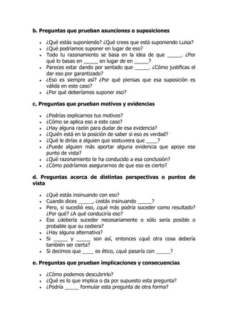 b. Preguntas que prueban asunciones o suposiciones
 ¿Qué estás suponiendo? ¿Qué crees que está suponiendo Luisa?
 ¿Qué podríamos suponer en lugar de eso?
 Todo tu razonamiento se basa en la idea de que _____. ¿Por
qué lo basas en _____ en lugar de en _____?
 Pareces estar dando por sentado que _____. ¿Cómo justificas el
dar eso por garantizado?
 ¿Eso es siempre así? ¿Por qué piensas que esa suposición es
válida en este caso?
 ¿Por qué deberíamos suponer eso?
c. Preguntas que prueban motivos y evidencias
 ¿Podrías explicarnos tus motivos?
 ¿Cómo se aplica eso a este caso?
 ¿Hay alguna razón para dudar de esa evidencia?
 ¿Quién está en la posición de saber si eso es verdad?
 ¿Qué le dirías a alguien que sostuviera que ____?
 ¿Puede alguien más aportar alguna evidencia que apoye ese
punto de vista?
 ¿Qué razonamiento te ha conducido a esa conclusión?
 ¿Cómo podríamos asegurarnos de que eso es cierto?
d. Preguntas acerca de distintas perspectivas o puntos de
vista
 ¿Qué estás insinuando con eso?
 Cuando dices _____, ¿estás insinuando _____?
 Pero, si sucedió eso, ¿qué más podría suceder como resultado?
¿Por qué? ¿A qué conduciría eso?
 Eso ¿debería suceder necesariamente o sólo sería posible o
probable que su cediera?
 ¿Hay alguna alternativa?
 Si _____ y _____ son así, entonces ¿qué otra cosa debería
también ser cierta?
 Si decimos que ____ es ético, ¿qué pasaría con _____?
e. Preguntas que prueban implicaciones y consecuencias
 ¿Cómo podemos descubrirlo?
 ¿Qué es lo que implica o da por supuesto esta pregunta?
 ¿Podría _____ formular esta pregunta de otra forma?
 