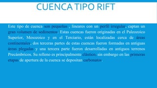 CUENCATIPO RIFT
Este tipo de cuenca son pequeñas , lineares con un perfil irregular, captan un
gran volumen de sedimentos. Estas cuencas fueron originadas en el Paleozoico
Superior, Mesozoico y en el Terciario, están localizadas cerca de áreas
continentales, dos terceras partes de estas cuencas fueron formadas en antiguas
áreas plegadas y una tercera parte fueron desarrolladas en antiguos terrenos
Precámbricos. Su relleno es principalmente clástico, sin embargo en las primeras
etapas de apertura de la cuenca se depositan carbonatos.
 