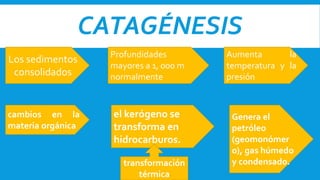 CATAGÉNESIS
Los sedimentos
consolidados
Profundidades
mayores a 1, 000 m
normalmente
Aumenta la
temperatura y la
presión
cambios en la
materia orgánica
el kerógeno se
transforma en
hidrocarburos.
Genera el
petróleo
(geomonómer
o), gas húmedo
y condensado.transformación
térmica
 