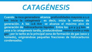 CATAGÉNESIS
Cuando la roca generadora alcanza profundidades mayores a 1.0
km inicia la catagénesis, es decir, inicia la ventana de
generación. A los 2.6 Km. se alcanza el máximo pico de
generación de hidrocarburos líquidos. Entre los 3.0 y 3.5 km se
pasa a la catagénesis tardía, produciéndose menos aceite y más
gas; por lo tanto es la principal zona de formación de gas (seco y
húmedo), originándose pequeñas fracciones de hidrocarburos
condensados.
 