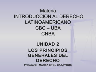 MateriaMateria
INTRODUCCIÓN AL DERECHOINTRODUCCIÓN AL DERECHO
LATINOAMERICANOLATINOAMERICANO
CBC – UBACBC – UBA
CNBACNBA
UNIDAD 2UNIDAD 2
LOS PRINCIPIOSLOS PRINCIPIOS
GENERALES DELGENERALES DEL
DERECHODERECHO
Profesora: MARTA ETEL CAZAYOUSProfesora: MARTA ETEL CAZAYOUS
 