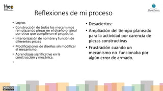 Reflexiones de mi proceso
• Logros
• Construcción de todos los mecanismos
remplazando piezas en el diseño original
por otras que cumplieran el propósito.
• Interiorización de nombre y función de
diferentes piezas
• Modificaciones de diseños sin modificar
el mecanismo.
• Aprendizaje significativo en la
construcción y mecánica.
•
• Desaciertos:
• Ampliación del tiempo planeado
para la actividad por carencia de
piezas constructivas
• Frustración cuando un
mecanismo no funcionaba por
algún error de armado.
 