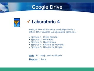  Laboratorio 4
Google Drive
Trabajar con los servicios de Google Drive o
Office 365 y realizar los siguientes ejercicios:
• Ejercicio 1: Crear carpeta.
• Ejercicio 2: Formatos.
• Ejercicio 3: Diapositivas.
• Ejercicio 4: Factura de muebles.
• Ejercicio 5: Dibujos de Google.
Nota: El trabajo será calificado.
Tiempo: 1 hora.
 
