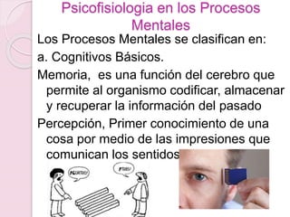 Psicofisiologia en los Procesos
Mentales
Los Procesos Mentales se clasifican en:
a. Cognitivos Básicos.
Memoria, es una función del cerebro que
permite al organismo codificar, almacenar
y recuperar la información del pasado
Percepción, Primer conocimiento de una
cosa por medio de las impresiones que
comunican los sentidos.
 