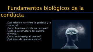 Fundamentos biológicos de la
conducta
¿Qué relación hay entre la genética y la
conducta?
¿Cómo funciona el sistema nervioso?
¿Cuál es la estructura del sistema
nervioso?
¿Cómo se investiga el cerebro?
¿Qué tipos de cerebro existen?
UNIDAD 2
 