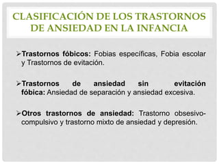 CLASIFICACIÓN DE LOS TRASTORNOS
DE ANSIEDAD EN LA INFANCIA
Trastornos fóbicos: Fobias específicas, Fobia escolar
y Trastornos de evitación.
Trastornos de ansiedad sin evitación
fóbica: Ansiedad de separación y ansiedad excesiva.
Otros trastornos de ansiedad: Trastorno obsesivo-
compulsivo y trastorno mixto de ansiedad y depresión.
 