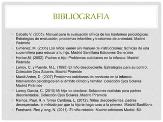 BIBLIOGRAFIA
• Caballo V. (2005). Manual para la evaluación clínica de los trastornos psicológicos.
Estrategias de evaluación, problemas infantiles y trastornos de ansiedad. Madrid
Pirámide
• Giménez, M. (2006) Los niños vienen sin manual de instrucciones: técnicas de una
superniñera para educar a tu hijo. Madrid Santillana Ediciones Generales
• Herber,M. (2002). Padres e hijo. Problemas cotidianos en la infancia. Madrid
Pirámide
• Larroy, C. y Puente, M.L. (1995) El niño desobediente. Estrategias para su control.
Colección Ojos Solares. Madrid Pirámide
• Maciá Anton, D. (2007) Problemas cotidianos de conducta en la infancia.
Intervención psicológica en el ámbito clínico y familiar. Colección Ojos Solares
Madrid Pirámide
• Larroy García, C. (2010) Mi hijo no obedece. Soluciones realistas para padres
desorientados. Colección Ojos Solares .Madrid Pirámide
• Ramos, Paul, R. y Torres Cardona, L. (2012). Niños desobedientes, padres
desesperados: el método par que tu hijo te haga caso a la primera. Madrid Santillana
• Forehand, Rex y long, N. (2011). El niño rebelde. Madrid ediciones Medici. SA
 
