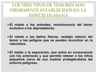 LOS TRES TIPOS DE TEMORES MÁS
FIRMEMENTE ESTABLECIDOS EN LA
ESPECIE HUMANA
El miedo a los animales, reminiscencia del temor
evolutivo a los depredadores.
El miedo a los daños físicos, vestigio atávico del
temor a los peligros que se pueden encontrar en la
naturaleza.
El miedo a la separación, que actúa en consonancia
con los anteriores y que permite retener a los niños
pequeños cerca de sus madres protegiéndolos del
entorno peligroso.
 