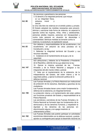 POLICÍA NACIONAL DEL ECUADOR
DIRECCIÓN NACIONAL DE EDUCACIÓN
ESCUELA DE ESPECIALIZACION Y PERFECCIONAMIENTO DE OFICIALES
5
Art. 66
Se reconoce y garantizará a las personas:
3. El derecho a la integridad personal, que incluye:
a) La integridad física,
psíquica, moral y
sexual.
b) Una vida libre de violencia en el ámbito público y privado.
El Estado adoptará las medidas necesarias para prevenir,
eliminar y sancionar toda forma de violencia, en especial la
ejercida contra las mujeres, niñas, niños y adolescentes,
personas adultas mayores, personas con discapacidad y
contra toda persona en situación de desventaja o
vulnerabilidad; idénticas medidas se tomarán contra la
violencia, la esclavitud y la explotación sexual.
Art. 83
Son deberes y responsabilidades de las ecuatorianas y los
ecuatorianos, sin perjuicio de otros previstos en la
Constitución y la ley:
3. Defender la integridad territorial del Ecuador y sus
recursos naturales.
4. Colaborar en el mantenimiento de la paz y de la
seguridad.
Art. 147
Son atribuciones y deberes de la Presidenta o Presidente
de la República, además de los que determine la ley:
16. Ejercer la máxima autoridad de las Fuerzas
Armadas y de la Policía Nacional y designar a los
integrantes del alto mando militar y policial.
17. Velar por el mantenimiento de la soberanía, de la
independencia del Estado, del orden interno y de la
seguridad pública, y ejercer la dirección política de la
defensa nacional.
Art. 158
Las Fuerzas Armadas y la Policía Nacional son instituciones
de protección de los derechos, libertades y garantías de los
ciudadanos.
Las Fuerzas Armadas tienen como misión fundamental la
defensa de la soberanía y la integridad territorial.
La protección interna y el mantenimiento del orden público
son funciones privativas del Estado y responsabilidad de la
Policía Nacional.
Las servidoras y servidores de las Fuerzas Armadas y la
Policía Nacional se formarán bajo los fundamentos de la
democracia y de los derechos humanos, y respetarán la
dignidad y los derechos de las personas sin
discriminación alguna y con apego irrestricto al
ordenamiento jurídico.
Art. 162
Las Fuerzas Armadas solo podrán participar en actividades
económicas relacionadas con la defensa nacional, y podrán
aportar su contingente para apoyar al desarrollo nacional,de
 