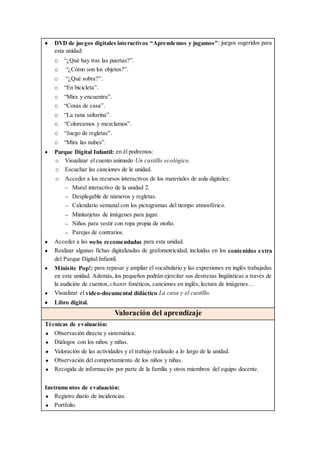  DVD de juegos digitales interactivos “Aprendemos y jugamos”: juegos sugeridos para
esta unidad:
o “¿Qué hay tras las puertas?”.
o “¿Cómo son los objetos?”.
o “¿Qué sobra?”.
o “En bicicleta”.
o “Mira y encuentra”.
o “Cosas de casa”.
o “La rana saltarina”.
o “Coloreamos y mezclamos”.
o “Juego de regletas”.
o “Mira las nubes”.
 Parque Digital Infantil: en él podremos:
o Visualizar el cuento animado Un castillo ecológico.
o Escuchar las canciones de la unidad.
o Acceder a los recursos interactivos de los materiales de aula digitales:
 Mural interactivo de la unidad 2.
 Desplegable de números y regletas.
 Calendario semanal con los pictogramas del tiempo atmosférico.
 Minitarjetas de imágenes para jugar.
 Niños para vestir con ropa propia de otoño.
 Parejas de contrarios.
 Acceder a las webs recomendadas para esta unidad.
 Realizar algunas fichas digitalizadas de grafomotricidad, incluidas en los contenidos extra
del Parque Digital Infantil.
 Minisite Pop!: para repasar y ampliar el vocabulario y las expresiones en inglés trabajadas
en esta unidad. Además, los pequeños podrán ejercitar sus destrezas lingüísticas a través de
la audición de cuentos, chants fonéticos, canciones en inglés, lectura de imágenes…
 Visualizar el vídeo-documental didáctico La casa y el castillo.
 Libro digital.
Valoración del aprendizaje
Técnicas de evaluación:
 Observación directa y sistemática.
 Diálogos con los niños y niñas.
 Valoración de las actividades y el trabajo realizado a lo largo de la unidad.
 Observación del comportamiento de los niños y niñas.
 Recogida de información por parte de la familia y otros miembros del equipo docente.
Instrumentos de evaluación:
 Registro diario de incidencias.
 Portfolio.
 
