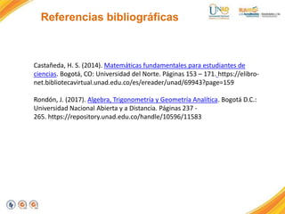 Referencias bibliográficas
Castañeda, H. S. (2014). Matemáticas fundamentales para estudiantes de
ciencias. Bogotá, CO: Universidad del Norte. Páginas 153 – 171. https://elibro-
net.bibliotecavirtual.unad.edu.co/es/ereader/unad/69943?page=159
Rondón, J. (2017). Algebra, Trigonometría y Geometría Analítica. Bogotá D.C.:
Universidad Nacional Abierta y a Distancia. Páginas 237 -
265. https://repository.unad.edu.co/handle/10596/11583
 