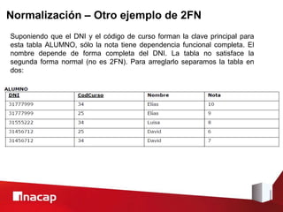 Normalización – Otro ejemplo de 2FN
Suponiendo que el DNI y el código de curso forman la clave principal para
esta tabla ALUMNO, sólo la nota tiene dependencia funcional completa. El
nombre depende de forma completa del DNI. La tabla no satisface la
segunda forma normal (no es 2FN). Para arreglarlo separamos la tabla en
dos:
 