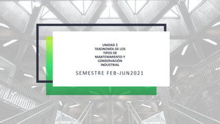 UNIDAD 2
TAXONOMÍA DE LOS
TIPOS DE
MANTENIMIENTO Y
CONSERVACIÓN
INDUSTRIAL
SEMESTRE FEB-JUN2021
 