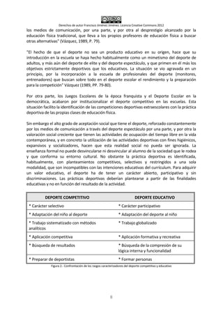 Derechos de autor Francisco Jiménez Jiménez. Licencia Creative Commons 2012
8
los medios de comunicación, por una parte, y por otra al desprestigio alcanzado por la
educación física tradicional, que lleva a los propios profesores de educación física a buscar
otras alternativas" (Vázquez, 1989, P. 79).
"El hecho de que el deporte no sea un producto educativo en su origen, hace que su
introducción en la escuela se haya hecho habitualmente como un mimetismo del deporte de
adultos, y más aún del deporte de elite y del deporte espectáculo, y que primen en él más los
objetivos estrictamente deportivos que los educativos. La situación se vio agravada en un
principio, por la incorporación a la escuela de profesionales del deporte (monitores,
entrenadores) que buscan sobre todo en el deporte escolar el rendimiento y la preparación
para la competición" Vázquez (1989, PP. 79-80).
Por otra parte, los Juegos Escolares de la época franquista y el Deporte Escolar en la
democrática, acabaron por institucionalizar el deporte competitivo en las escuelas. Esta
situación facilito la identificación de las competiciones deportivas extraescolares con la práctica
deportiva de las propias clases de educación física.
Sin embargo el alto grado de aceptación social que tiene el deporte, reforzado constantemente
por los medios de comunicación a través del deporte espectáculo por una parte, y por otra la
valoración social creciente que tienen las actividades de ocupación del tiempo libre en la vida
contemporánea, y en concreto la utilización de las actividades deportivas con fines higiénicos,
expansivos y socializadores, hacen que esta realidad social no pueda ser ignorada. La
enseñanza formal no puede desvincularse ni desvincular al alumno de la sociedad que le rodea
y que conforma su entorno cultural. No obstante la práctica deportiva es identificada,
habitualmente, con planteamientos competitivos, selectivos y restringidos a una sola
modalidad, que son incompatibles con las intenciones educativas del currículum. Para adquirir
un valor educativo, el deporte ha de tener un carácter abierto, participativo y sin
discriminaciones. Las prácticas deportivas deberían plantearse a partir de las finalidades
educativas y no en función del resultado de la actividad.
DEPORTE COMPETITIVO DEPORTE EDUCATIVO
* Carácter selectivo * Carácter participativo
* Adaptación del niño al deporte * Adaptación del deporte al niño
* Trabajo sistematizado con métodos
analíticos
* Trabajo globalizado
* Aplicación competitiva * Aplicación formativa y recreativa
* Búsqueda de resultados * Búsqueda de la compresión de su
lógica interna y funcionalidad
* Preparar de deportistas * Formar personas
Figura 2.- Confrontación de los rasgos caracterizadores del deporte competitivo y educativo
 