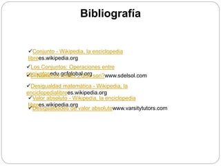 Bibliografía
Conjunto - Wikipedia, la enciclopedia
librees.wikipedia.org
Los Conjuntos: Operaciones entre
conjuntosedu.gcfglobal.org
▷ Números reales ¿Qué son?www.sdelsol.com
Desigualdad matemática - Wikipedia, la
enciclopedialibrees.wikipedia.org
Valor absoluto - Wikipedia, la enciclopedia
librees.wikipedia.org
Desigualdades de valor absolutowww.varsitytutors.com
 