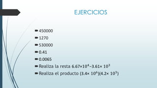 EJERCICIOS
450000
1270
530000
0.41
0.0065
Realiza la resta 6.67×104−3.61× 103
Realiza el producto (3.4× 106
)(4.2× 103
)
 