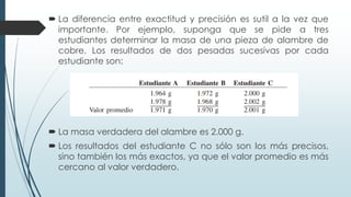  La diferencia entre exactitud y precisión es sutil a la vez que
importante. Por ejemplo, suponga que se pide a tres
estudiantes determinar la masa de una pieza de alambre de
cobre. Los resultados de dos pesadas sucesivas por cada
estudiante son:
 La masa verdadera del alambre es 2.000 g.
 Los resultados del estudiante C no sólo son los más precisos,
sino también los más exactos, ya que el valor promedio es más
cercano al valor verdadero.
 