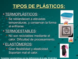 TIPOS DE PLÁSTICOS:TIPOS DE PLÁSTICOS:
TERMOPLÁSTICOSTERMOPLÁSTICOS::

Se reblandecen a elevadasSe reblandecen a elevadas
temperaturas, y conservan la formatemperaturas, y conservan la forma
al enfriarse.al enfriarse.
TERMOESTABLESTERMOESTABLES::

No son reciclables mediante elNo son reciclables mediante el
calor. Dificultad de procesamiento.calor. Dificultad de procesamiento.
ELASTÓMEROSELASTÓMEROS::

Gran flexibilidad y elasticidad.Gran flexibilidad y elasticidad.
Soportan mal el calor.Soportan mal el calor.
Completar características con las definiciones de la pág. 56 del libro
 
