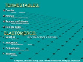 TERMESTABLES:TERMESTABLES:
FenolesFenoles
Muy duroMuy duro (Baquelita)(Baquelita)
AminasAminas
Excelentes cualidades aislantesExcelentes cualidades aislantes
Resinas de PoliesterResinas de Poliester
Óptimas propiedades mecánicasÓptimas propiedades mecánicas
Resinas epoxiResinas epoxi
Buena resistencia químicaBuena resistencia química
Completar características y usos con las definiciones de la pág. 58 del libro
ELASTÓMEROS:ELASTÓMEROS:
CauchosCauchos (de origen natural y sintético)(de origen natural y sintético)
Muy elásticosMuy elásticos
NeoprenosNeoprenos
Buen aislantes térmicoBuen aislantes térmico “del frío”“del frío”
PoliuretanosPoliuretanos
Muy adherente, densidad variableMuy adherente, densidad variable
SiliconasSiliconas
Muy estableMuy estable
 