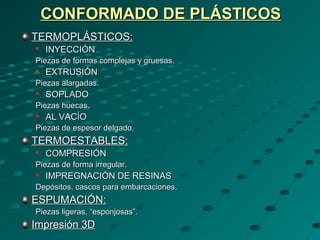 CONFORMADO DE PLÁSTICOSCONFORMADO DE PLÁSTICOS
TERMOPLÁSTICOS:TERMOPLÁSTICOS:

INYECCIÓNINYECCIÓN
Piezas de formas complejas y gruesas.Piezas de formas complejas y gruesas.

EXTRUSIÓNEXTRUSIÓN
Piezas alargadas.Piezas alargadas.

SOPLADOSOPLADO
Piezas huecas.Piezas huecas.

AL VACÍOAL VACÍO
Piezas de espesor delgado.Piezas de espesor delgado.
TERMOESTABLES:TERMOESTABLES:

COMPRESIÓNCOMPRESIÓN
Piezas de forma irregular.Piezas de forma irregular.

IMPREGNACIÓN DE RESINASIMPREGNACIÓN DE RESINAS
Depósitos, cascos para embarcaciones.Depósitos, cascos para embarcaciones.
ESPUMACIÓN:ESPUMACIÓN:
Piezas ligeras, “esponjosas”.Piezas ligeras, “esponjosas”.
Impresión 3DImpresión 3D
 