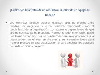¿Cuáles son los efectos de un conflicto al interior de un equipo de
trabajo?
• Los conflictos pueden producir diversos tipos de efectos unos
pueden ser negativos y otros positivos relacionados con el
rendimiento de la organización, por supuesto dependiendo de qué
tipo de conflicto se ha producido y cómo ha sido enfrentado. Existe
una forma de conflicto que se puede considerar muy positivo para la
organización, en el cual se discuten y se presentan ideas para
mejorar proceso en una organización, o para alcanzar los objetivos
de un determinado proyecto.
 