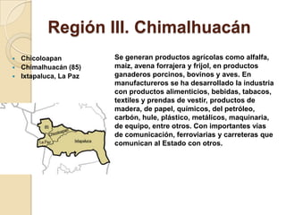 Región III. Chimalhuacán
 Chicoloapan
 Chimalhuacán (85)
 Ixtapaluca, La Paz
Se generan productos agrícolas como alfalfa,
maíz, avena forrajera y frijol, en productos
ganaderos porcinos, bovinos y aves. En
manufactureros se ha desarrollado la industria
con productos alimenticios, bebidas, tabacos,
textiles y prendas de vestir, productos de
madera, de papel, químicos, del petróleo,
carbón, hule, plástico, metálicos, maquinaria,
de equipo, entre otros. Con importantes vías
de comunicación, ferroviarias y carreteras que
comunican al Estado con otros.
 