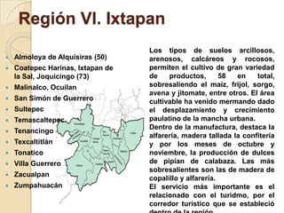 Región VI. Ixtapan
 Almoloya de Alquisiras (50)
 Coatepec Harinas, Ixtapan de
la Sal, Joquicingo (73)
 Malinalco, Ocuilan
 San Simón de Guerrero
 Sultepec
 Temascaltepec
 Tenancingo
 Texcaltitlán
 Tonatico
 Villa Guerrero
 Zacualpan
 Zumpahuacán
Los tipos de suelos arcillosos,
arenosos, calcáreos y rocosos,
permiten el cultivo de gran variedad
de productos, 58 en total,
sobresaliendo el maíz, frijol, sorgo,
avena y jitomate, entre otros. El área
cultivable ha venido mermando dado
el desplazamiento y crecimiento
paulatino de la mancha urbana.
Dentro de la manufactura, destaca la
alfarería, madera tallada la confitería
y por los meses de octubre y
noviembre, la producción de dulces
de pipían de calabaza. Las más
sobresalientes son las de madera de
copalillo y alfarería.
El servicio más importante es el
relacionado con el turidmo, por el
corredor turístico que se estableció
 