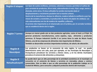 Región 6 Ixtapan Los tipos de suelos arcillosos, arenosos, calcáreos y rocosos, permiten el cultivo de
gran variedad de productos, 58 en total, sobresaliendo el maíz, frijol, sorgo, avena y
jitomate, entre otros. El área cultivable ha venido mermando dado el
desplazamiento y crecimiento paulatino de la mancha urbana.
Dentro de la manufactura, destaca la alfarería, madera tallada la confitería y por los
meses de octubre y noviembre, la producción de dulces de pipían de calabaza. Las
más sobresalientes son las de madera de copalillo y alfarería.
El servicio más importante es el relacionado con el turidmo, por el corredor turístico
que se estableció dentro de la región.
Región 7 Lerma Aunque en menor grado aún se dan productos agrícolas, como el maíz y el frijol. Se
generan productos manufactureros, como zapatos, ropa, alimentos y productos
químicos. El Parque Industrial Cerrillo II en Lerma tiene la sede de Nissin Foods
México, una de las empresas de alimentos más importantes de México.
También se desarrollan servicios importantes turísticos, de salud y de educación.
Región 8
Naucalpan
Los productos se basan en la economía de esta región, la cual no puede
determinarse como una sola, pues por ejemplo, en los municipio de Naucalpan y
Huixquilucan prevalecen los servicios y bienes raíces, y en los demás municipios
prevalece el comercio (de alimentos y artesanías).
Región 9
Netzahualcoyotl
Se puede decir que un alto porcentaje de la actividad económica en el municipio se
concentra en el comercio de bienes y servicios en mercados, plazas y centros
comerciales. Esto se debe a que un alto porcentaje de la población trabaja en la
Ciudad de México, pero consume y adquiere productos dentro del municipio.
 