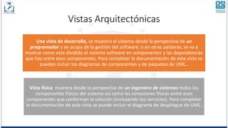 Vistas Arquitectónicas
Una vista de desarrollo, se muestra el sistema desde la perspectiva de un
programador y se ocupa de la gestión del software; o en otras palabras, se va a
mostrar como esta dividido el sistema software en componentes y las dependencias
que hay entre esos componentes. Para completar la documentación de esta vista se
pueden incluir los diagramas de componentes y de paquetes de UML..
Vista física muestra desde la perspectiva de un ingeniero de sistemas todos los
componentes físicos del sistema así como las conexiones físicas entre esos
componentes que conforman la solución (incluyendo los servicios). Para completar
la documentación de esta vista se puede incluir el diagrama de despliegue de UML.
 