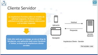 Cliente Servidor
La arquitectura funciona sobre un modelo de
solicitud-respuesta. El cliente envía la
solicitud al servidor para obtener información
y el servidor responde.
Cada sitio web que se navega, ya sea un blog de
Wordpress, una aplicación web como Facebook
o Twitter, se basa en la arquitectura cliente-
servidor.
 
