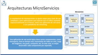 Arquitecturas MicroServicios
La arquitectura de microservicios se ajusta mejor para casos de uso
complejos y para aplicaciones que esperan que el tráfico aumente
exponencialmente en el futuro, como una aplicación de red social
o una plataforma de streaming.
Una aplicación de red social típica tiene varios componentes, como
mensajería, chat en tiempo real, transmisión de video en vivo, carga
de imágenes, me gusta, compartir, etc. En este caso, es mejor
desarrollar cada componente por separado,
 