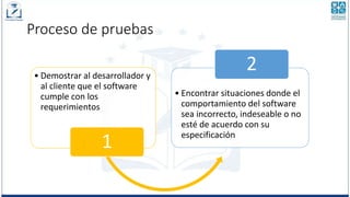 Proceso de pruebas
• Demostrar al desarrollador y
al cliente que el software
cumple con los
requerimientos
1
• Encontrar situaciones donde el
comportamiento del software
sea incorrecto, indeseable o no
esté de acuerdo con su
especificación
2
 