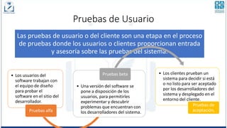 Pruebas de Usuario
Las pruebas de usuario o del cliente son una etapa en el proceso
de pruebas donde los usuarios o clientes proporcionan entrada
y asesoría sobre las pruebas del sistema.
• Los usuarios del
software trabajan con
el equipo de diseño
para probar el
software en el sitio del
desarrollador.
Pruebas alfa
• Una versión del software se
pone a disposición de los
usuarios, para permitirles
experimentar y descubrir
problemas que encuentran con
los desarrolladores del sistema.
Pruebas beta • Los clientes prueban un
sistema para decidir si está
o no listo para ser aceptado
por los desarrolladores del
sistema y desplegado en el
entorno del cliente.
Pruebas de
aceptación,
 