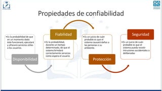 Propiedades de confiabilidad
•Es la probabilidad de que
en un momento dado
éste funcionará, ejecutará
y ofrecerá servicios útiles
a los usuarios.
Disponibilidad
•Es la probabilidad,
durante un tiempo
determinado, de que el
sistema brindará
correctamente servicios
como espera el usuario.
Fiabilidad •Es un juicio de cuán
probable es que el
sistema causará daños a
las personas o su
ambiente.
Protección
•Es un juicio de cuán
probable es que el
sistema pueda resistir
intrusiones accidentales o
deliberadas
Seguridad
 
