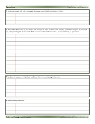 Reglas empíricas y productos notables. http://www.scoop.it/t/mathematics-learning
Álgebra Lineal http://licmata-math.blogspot.mx
5. Escribe el enunciado de la regla empírica que obtuviste al resolver las 10 multiplicaciones iniciales.
6. Efectúa 10 multiplicaciones del producto que estás investigando, deben ser términos más complejos que los del cuarto paso; algunos negati-
vos, con exponentes y más de una variable. Anota en las líneas solamente los resultados y, en hojas adicionales, las operaciones.
7. Escribe, en lenguaje común, el producto notable que obtuviste y exprésalo algebraicamente.
8. Observaciones y comentarios.
 