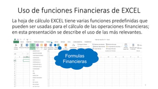 Uso de funciones Financieras de EXCEL
La hoja de cálculo EXCEL tiene varias funciones predefinidas que
pueden ser usadas para el cálculo de las operaciones financieras;
en esta presentación se describe el uso de las más relevantes.
14/05/2017 Carlos Mario Morales C 2
Formulas
Financieras
 