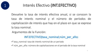 Interés Efectivo (INT.EFECTIVO)
4
Devuelve la tasa de interés efectiva anual, si se conocen la
tasa de interés nominal y el número de períodos de
capitalización de interés que hay en el plazo en que se exprese
la tasa nominal.
Argumentos de la Función:
INT.EFECTIVO(tasa_nominal;núm_per_año)
 tasa_nominal: tasa de interés nominal de un periodo
 núm_per_año: número de capitalizaciones en el periodo de la tasa nominal
1
 