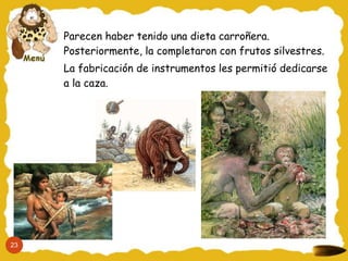 Parecen haber tenido una dieta carroñera.
Posteriormente, la completaron con frutos silvestres.
La fabricación de instrumentos les permitió dedicarse
a la caza.
23
 