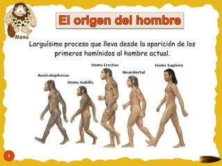Larguísimo proceso que lleva desde la aparición de los
primeros homínidos al hombre actual.
6
 