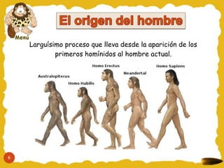 Larguísimo proceso que lleva desde la aparición de los
            primeros homínidos al hombre actual.




6
 