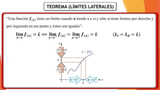 TEOREMA (LÍMITES LATERALES)
“Una función 𝒇(𝒙) tiene un límite cuando 𝑥 tiende a c si y sólo si tiene límites por derecha y
por izquierda en ese punto y éstos son iguales”:
𝒄
𝒙 → 𝒄−
𝒙 → 𝒄+
𝐥𝐢𝐦
𝒙→𝒄
𝒇(𝒙) = 𝑳 ⟺ 𝐥𝐢𝐦
𝒙→𝒄−
𝒇 𝒙 = 𝐥𝐢𝐦
𝒙→𝒄+
𝒇(𝒙) = 𝑳 (𝑳𝒊 = 𝑳𝒅 = 𝑳)
 