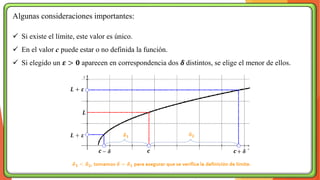 Algunas consideraciones importantes:
✓ Si existe el límite, este valor es único.
✓ En el valor c puede estar o no definida la función.
✓ Si elegido un 𝜺 > 𝟎 aparecen en correspondencia dos 𝜹 distintos, se elige el menor de ellos.
𝒄
𝒄 𝒄
 